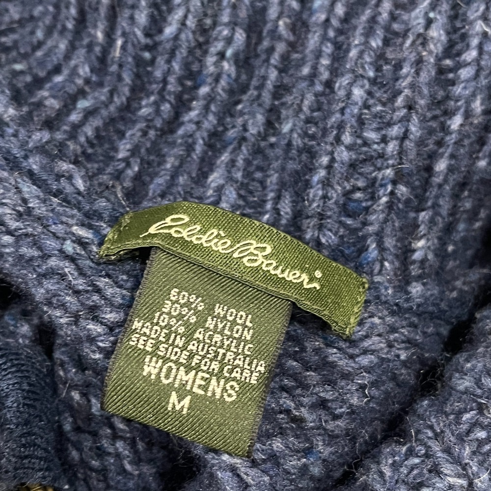Eddie Bauer Cardigan Sweater Womens M Blue Fisherman Knit Shawl Collar Full Zip - Picture 5 of 9